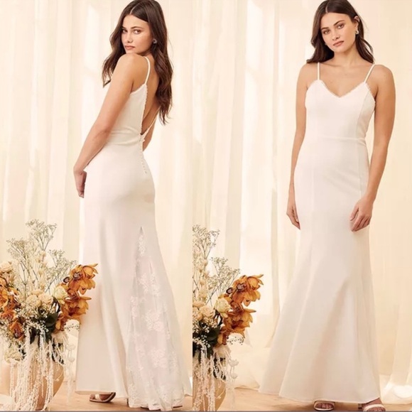 Lulu’s Taliana White Lace Button Back Maxi Mermaid Bridal Dress - Picture 2 of 16